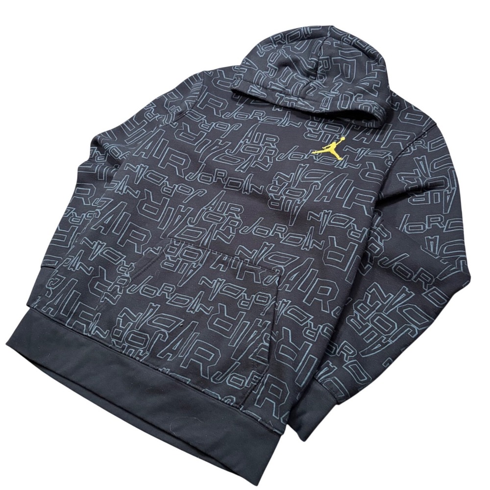 Jordan Boys Black All Over Print Air Jordan Hoodie Yellow Jumpman XL 13-15Y